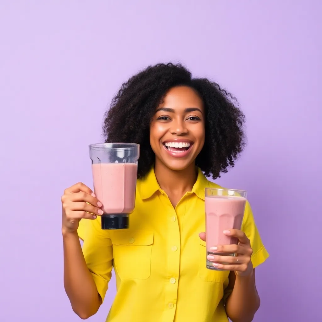 A woman with curly hair wearing a bright yellow short-sleeve button-up shirt, smiling widely and holding a blender with a pink smoothie and a glass. She has a playful expression against a light purple background.